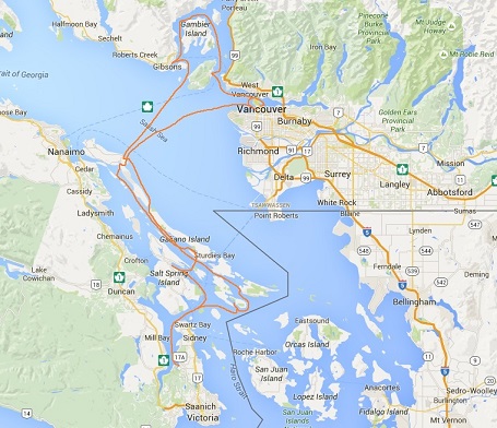 Sailing route around the Gulf Islands and Vancouver